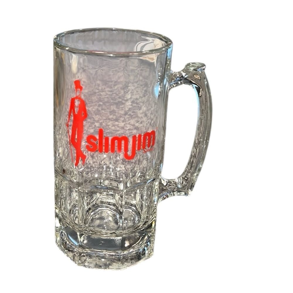 Slim Jim Vintage Clear Glass Beer Mug Stein Red Logo Heavy Barware